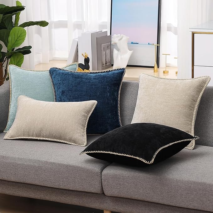 decorUhome Chenille Soft Throw Pillow Covers 20x20 Set of 2, Farmhouse Velvet Neutral Decorative Euro Pillow Covers with Stitched Edge for Couch Sofa Bed Home Decor, Black
