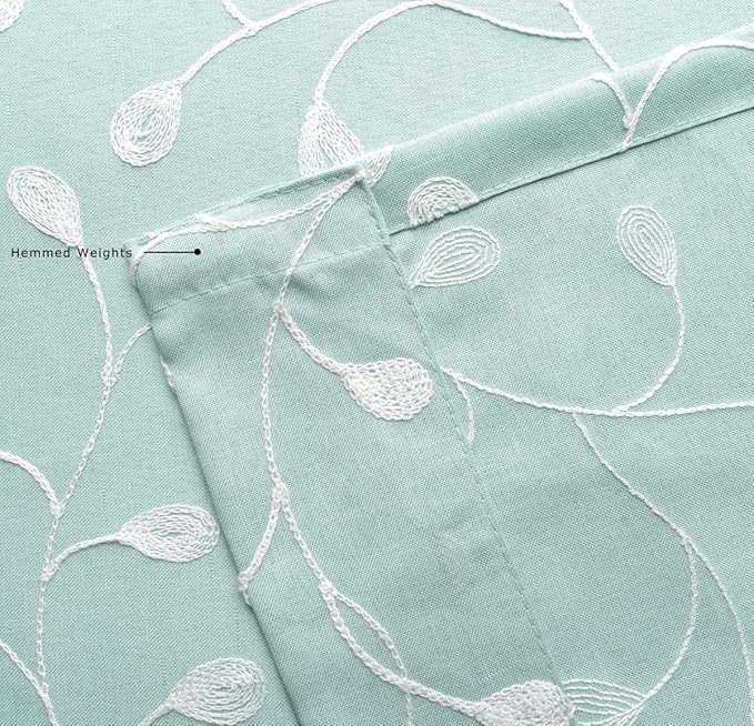 MIUCO Floral Embroidered Semi Sheer Curtains Faux Linen Grommet Window Panel Pair for Kitchen 52 x 63 Inch, Subtle Green
