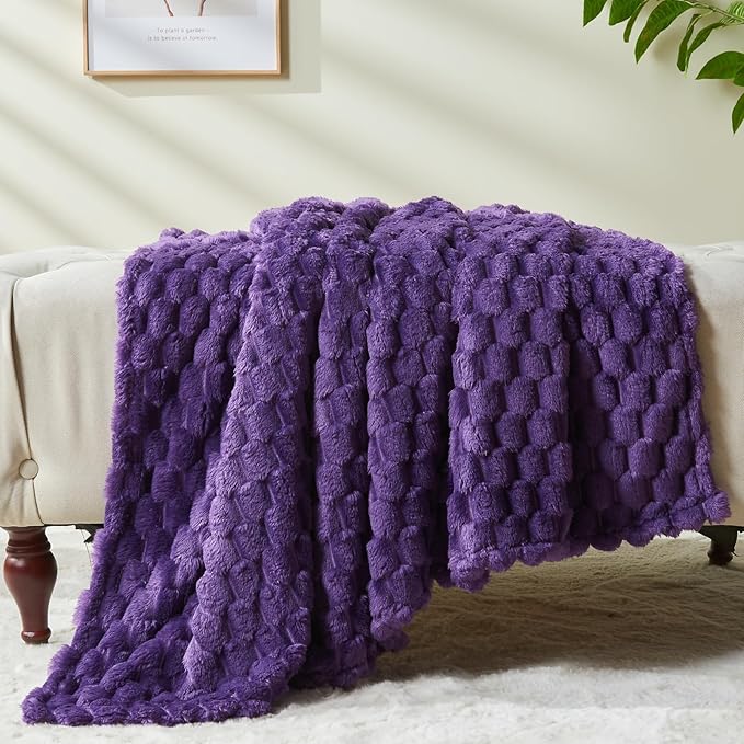 NEWCOSPLAY Super Soft King Blanket Purple Premium Silky Flannel Fleece 3D Clouds Stylish Jacquard Lightweight Bed Blanket All Season Use 350GSM (Purple, King(90"x110"))