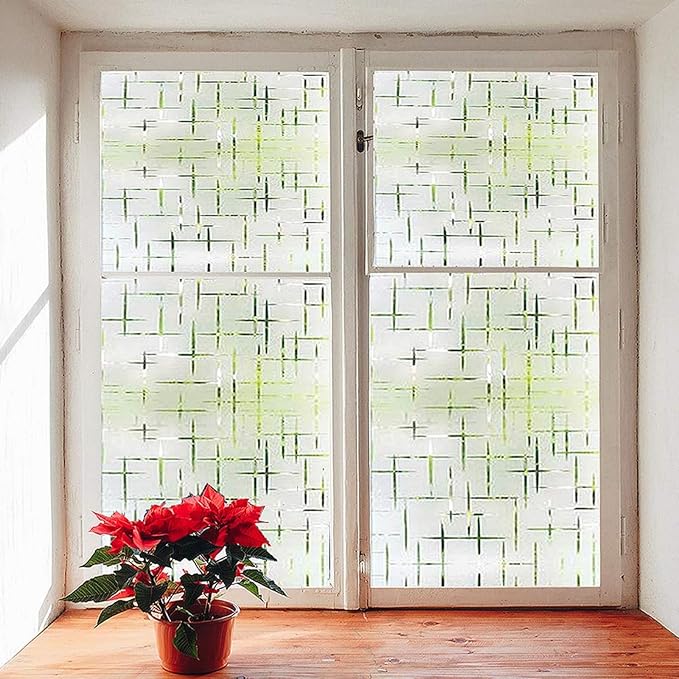 Finnez Frosted Window Film Non-Adhesive, Frosting Privacy Film for Glass Windows, Self Static-Cling Decorative Window Cling for Home Office UV Protection Cross Pattern 17.5 x 157.4 inches