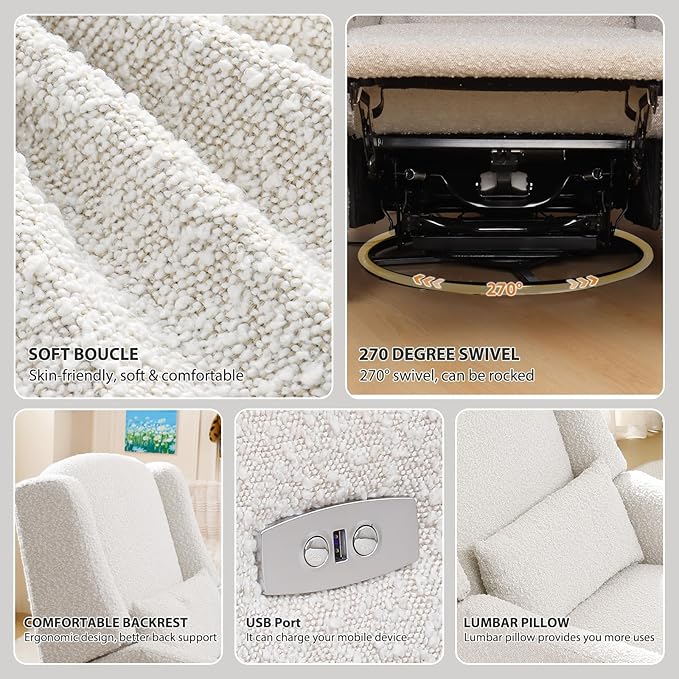 Power Recliner Chair Swivel Glider, Large Rocker Recliner with Ottoman & USB Charging Port, Boucle Upholstered Swivel Rocker Glider Recliner for Nursery,Bedroom,Living Room, Cream