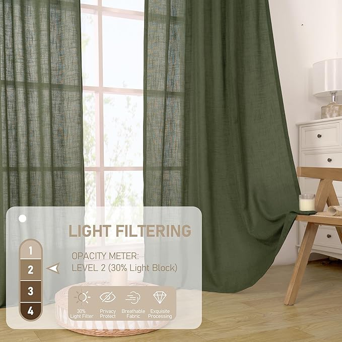 LAMIT Olive Green Linen Semi Sheer Curtains 45 Inch for Bedroom, Light Filtering Neutral Window Curtains Boho Bronze Grommet Christmas Decor Panels, 2 Panels, 52 x 45 Inch