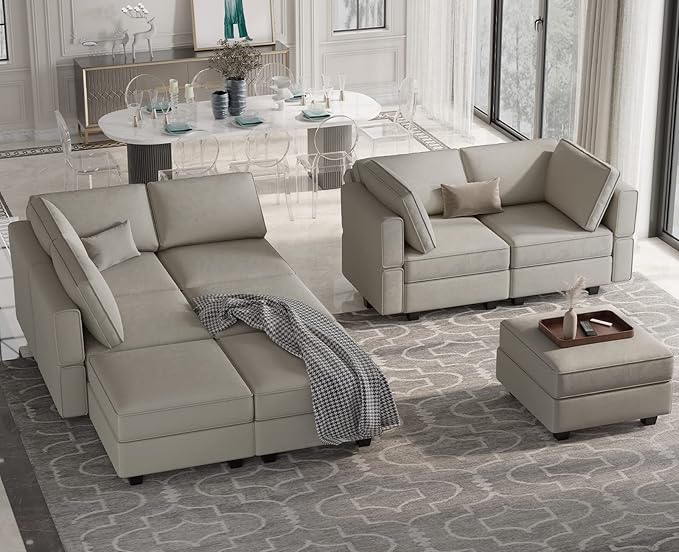 Belffin Modular Sectional Sofa with Ottomans Velvet Reversible Chaise Sleeper Bed Storage Seat Grey…, MD-S-1