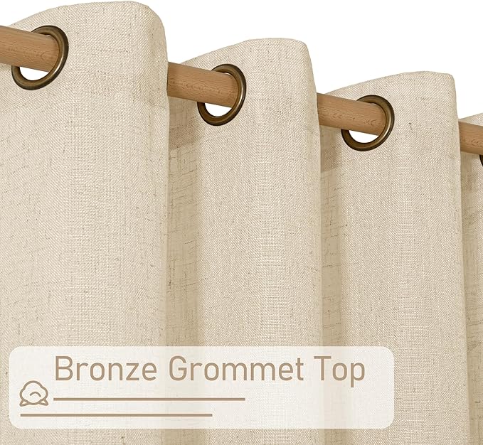 LAMIT Semi Sheer Linen Curtains for Living Room, 80 Inch Length Light Filtering Panels Bronze Grommet Faux Linen Textured Window Drapes for Bedroom/Porch, Linen, 52 x 80 Inch, 2 Panels