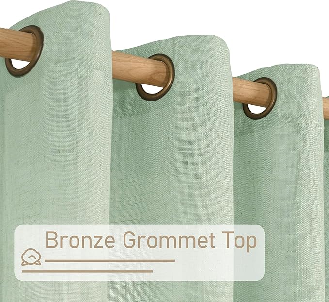 LAMIT Fresh Green Linen Sheer Curtains 45 inch for Kitchen, Soft Thick Light Filtering Boho Decor Neutral Drapes with Bronze Grommet for Basement/Window, 2 Panels, 34 x 45 Inch