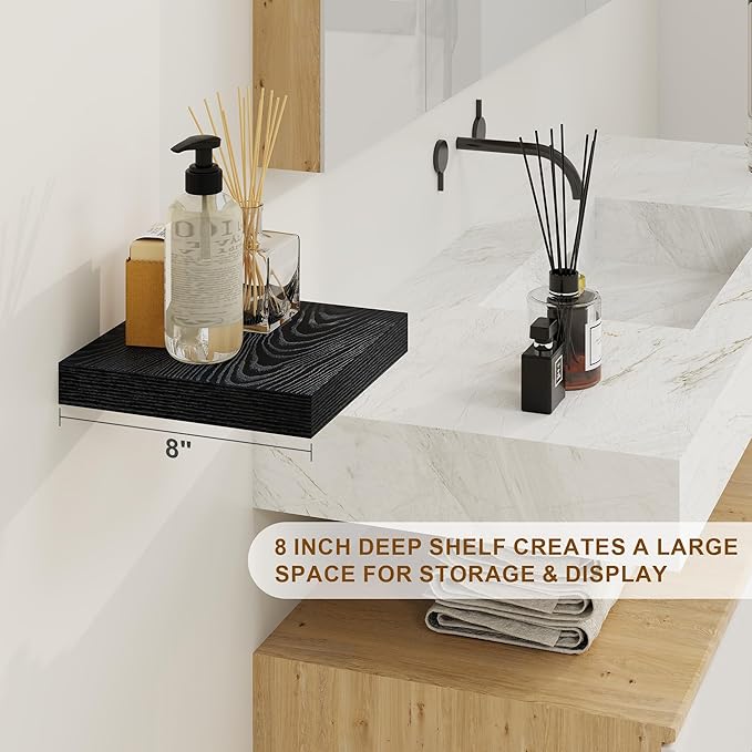Fun Memories Black Floating Shelves 8 Inch Long, 8" Deep Wall Shelves, Small Deep Floating Shelf Square Wall Shelf, Rustic Display Shelves for Living Room, Bathroom, Kitchen, Set of 2