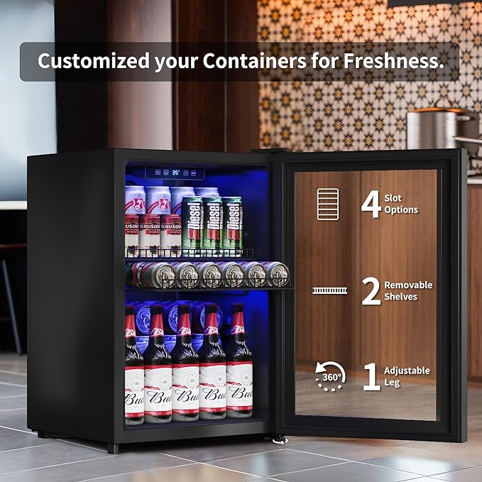 2.5 Cu.Ft Wine Fridge, Mini Fridge With Glass Door, Wine Cooler Refrigerator, Beverage Drink Beer Cooler, Adjustable Shelves & Digital Temperature Display, 22 Bottle 95 Can