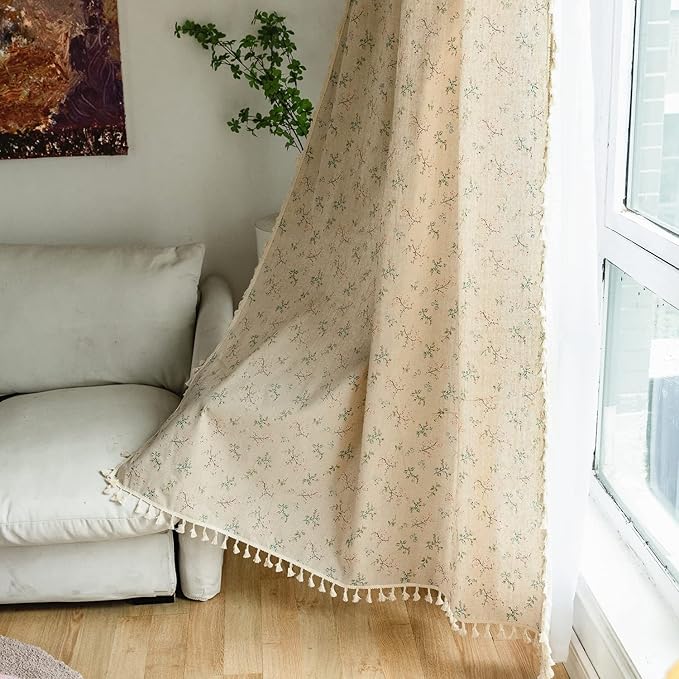 Sutuo Home Florals Boho Farmhouse Curtains, Semi-Blackout Drape Bohemian Window Treatment Cotton Linen Panel with Tassels for Bedroom Living Room, Rod Pocket, 1 Panel 59" W x 84" L