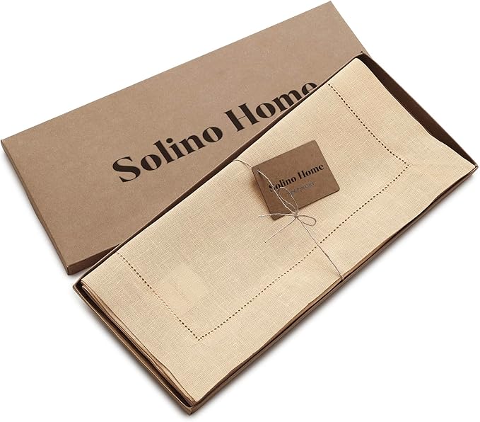 Solino Home Linen Beige Table Runner 90 Inches Long - 100% Pure Linen 14 x 90 Inch Table Runner for Fall, Autumn, Thanksgiving - Classic Hemstitch