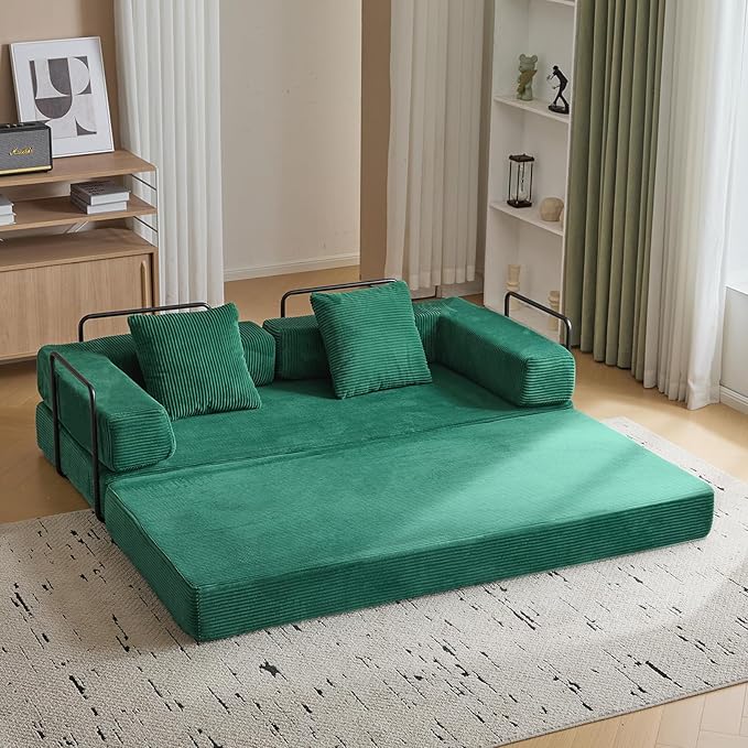 Convertible Sleeper Sofa Bed, Compression Folding Sofa with Pillow, No Assembly Required, Shape Frame, Floor Sofas Lounge Couch for Living Room, Bedroom, Small Spaces(Corduroy, 77''W, Dark Green)