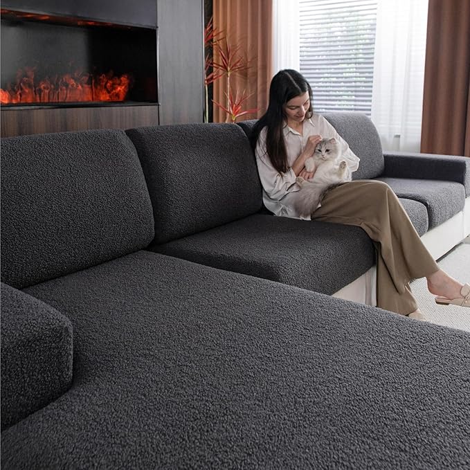 Couch Cushion Covers for Sectional Sofa, Stretch Soft Sofa Slipcovers Washable Wear-Resistant Universal Furniture Protector for Living Room(2 Seaters Covers+1 Chaise Cover, Dark Gray)