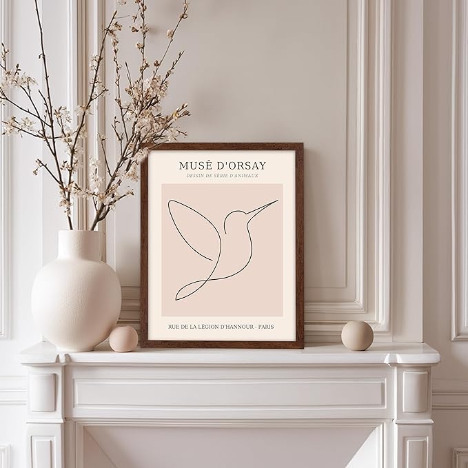 Poster Master Vintage Poster - Retro One Line Hummingbird Drawing Print - Bird Line Art - Minimal Gift for Him, Her, Animal Lover - Abstract Decor for Home, Office, 11x14 Brown Framed