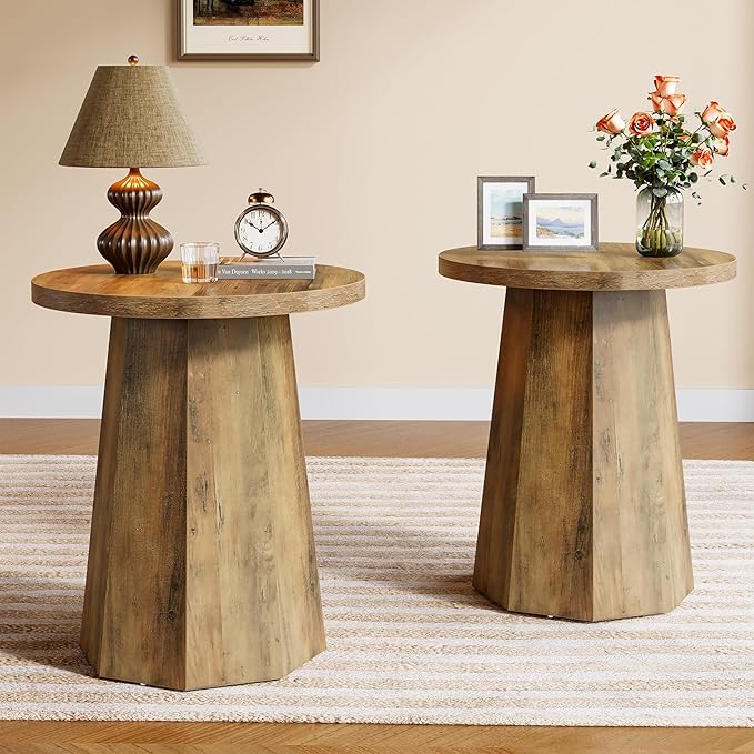 Tribesigns Round Pedestal End Table, Farmhouse Couch Side Table with Octagonal Base, Nightstand Accent Wooden Drink Stand (2, Rustic Brown)