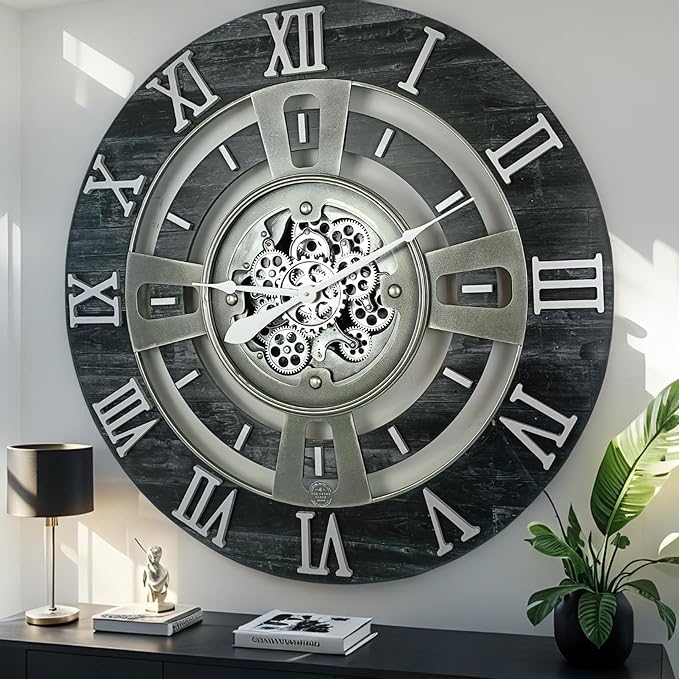 The Gears Clock Real Moving Gear Wall Clock England Line (Vintage Black, 24 inches (60 cm))