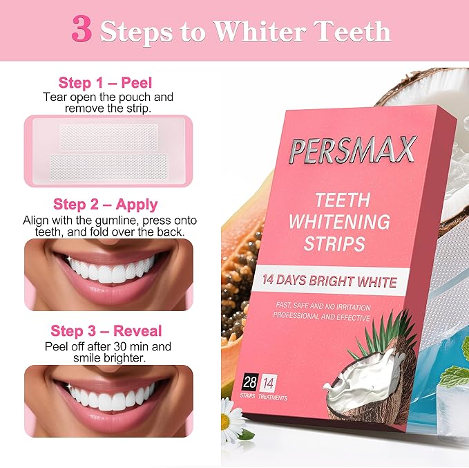 Teeth Whitening Strips for Sensitive Teeth Enamel Safe Smile Whitening Kit, 28 Strips 14 Treatments, No-Slip Remove Coffee Wine Smoking Stains Professional