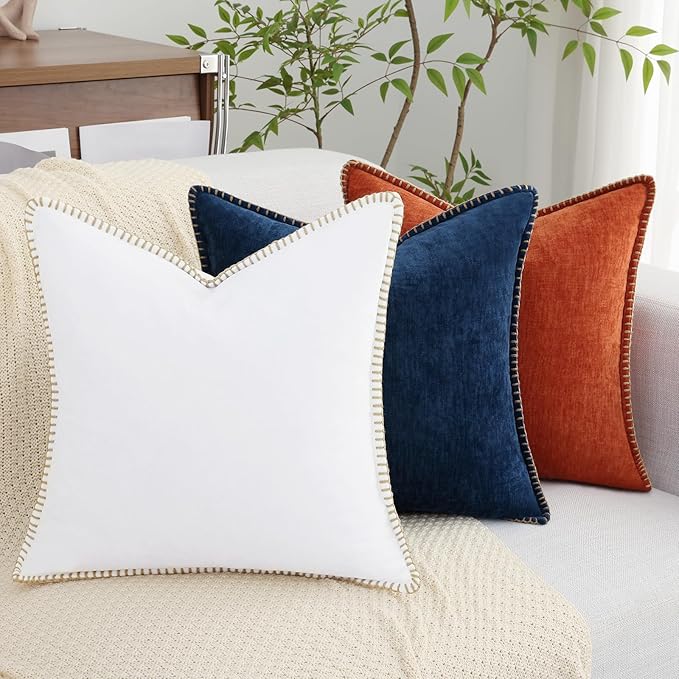 decorUhome Chenille Soft Throw Pillow Covers 12x20 Set of 2, Lumbar Velvet Farmhouse Neutral Decorative Euro Pillow Covers with Stitched Edge for Couch Sofa Bed Home Decor, Poseidon