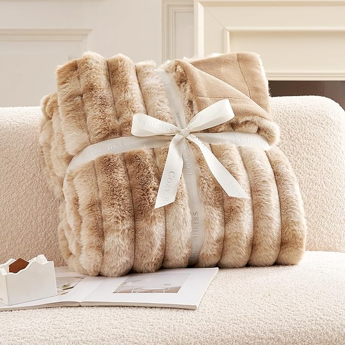 Cozy Bliss Faux Fur Throw Blanket for Couch, Cozy Warm Plush Striped Blanket for Sofa Bedroom Living Room, 60 * 80 Inches Tie-dye Kahki