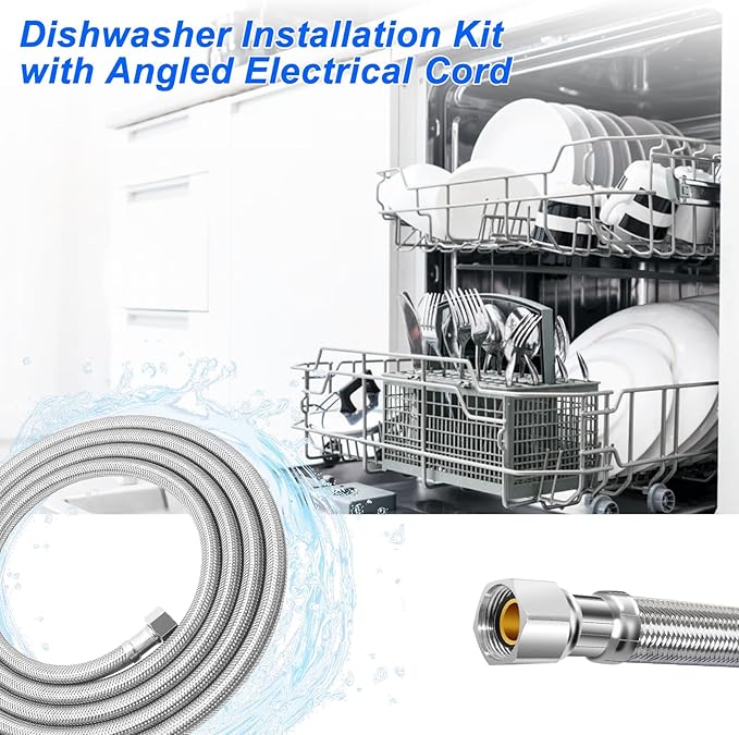 Dishwasher Installation Kit - 10 FT Stainless Steel Dishwasher Hose with 3/8" Compression Connections,Food Grade PEX Inner Tube Dishwasher Water Supply Line with Elbows,Adapters and 6 FT Power Cord