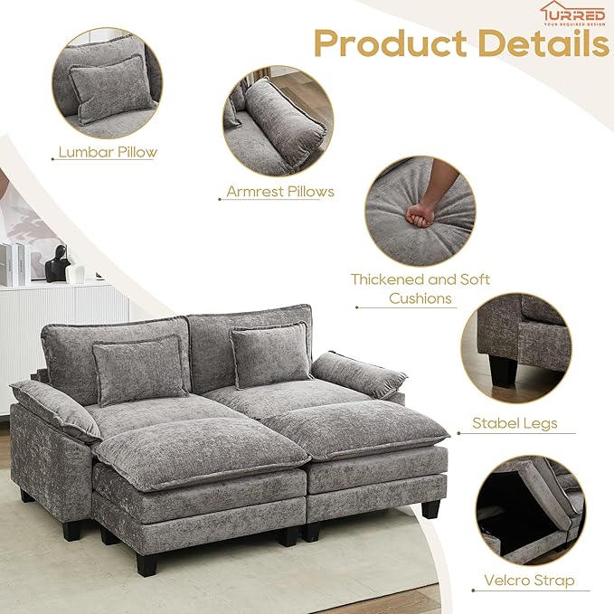 URRED Modular Sectional Sofa Comfy Cloud Couch, Modern Chenille Sofa Sleeper Deep Seat Couches with Ottoman/Pillows for Living Room (Gray, 82.6''- 2 Ottomans)