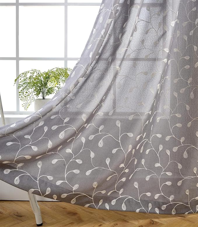 MIUCO Floral Embroidered Semi Sheer Curtains Linen Look Grommet Curtains for Living Room 52 x 84 Inch Set of 2, Grey