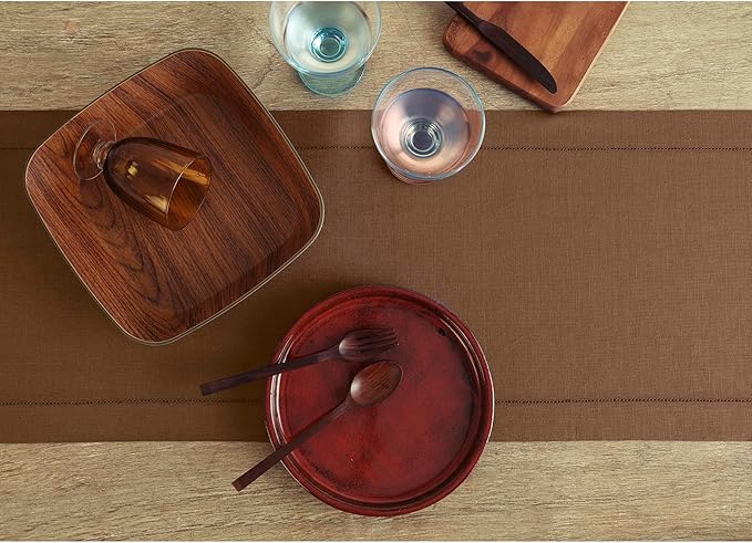 Solino Home Linen Brown Table Runner 36 Inches - Classic Hemstitch, 100% Pure Linen Coffee Table Runner 14 x 36 Inch Ideal for Dresser Tables, Fall, Autumn, Thanksgiving