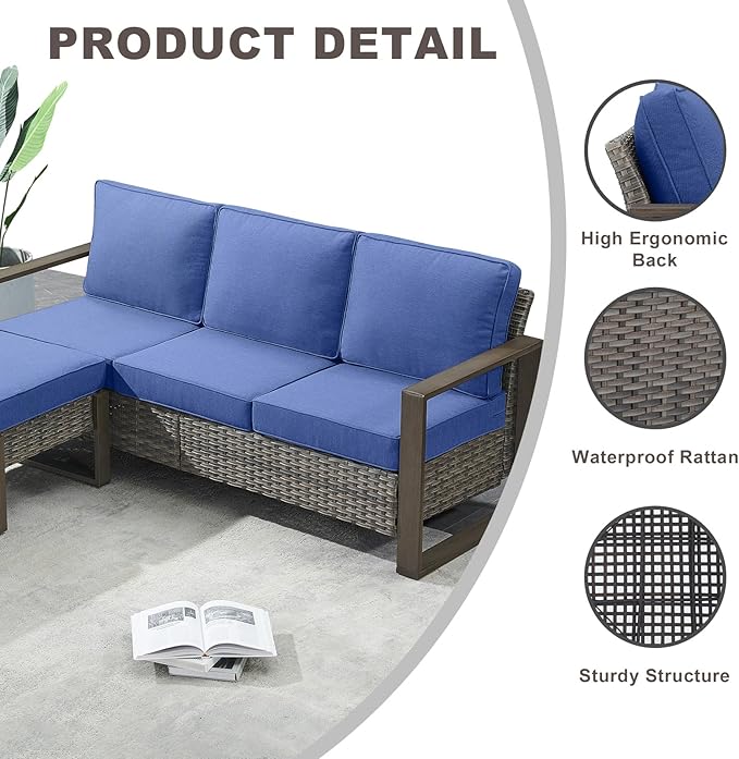 Outdoor Wicker Patio Furniture Set - 8 Piece Patio Conversation Set with 4 Wicker Swivel Rocker Chairs,2 Rattan Ottoman 1 Side Table and 1 Couch,Thick Cushions,Deep Seating(Mixed Grey/Blue)