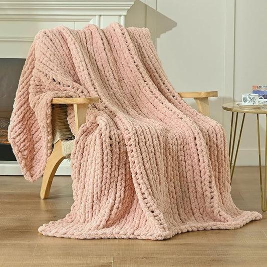 Esterra Chunky Knit Blanket Throw 60"x80", 100% Hand Knitted Chenille Throw Blanket, Cozy Soft Thick Cable Knit Throw Large Rope Knot Crochet Throw Blanket for Sofa Couch Bed, Dusty Pink