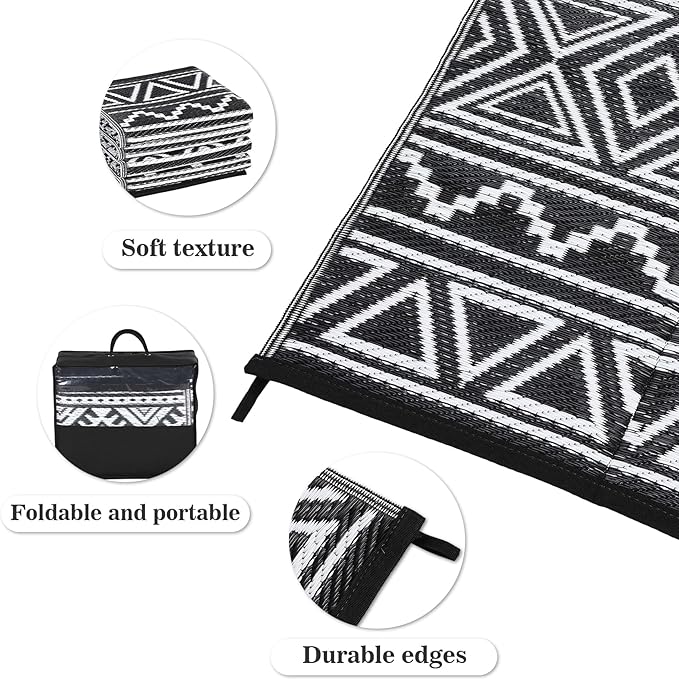 GAOMON Outdoor Plastic Straw Rug, 10'x20' Reversible Sage Green Patio Mat, Flower Modern Design for RV, Backyard, Deck, Camping, Picnic, Black/White(Bohemia)