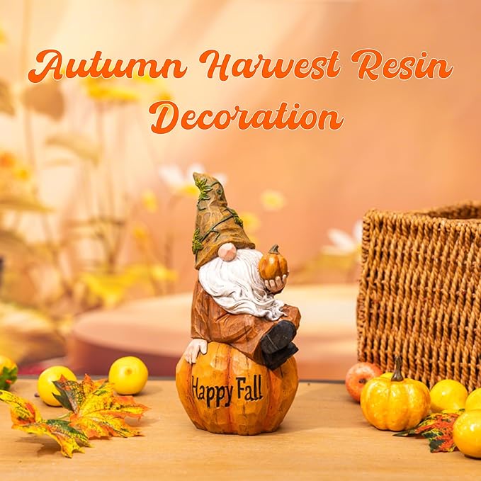 Topadorn Fall Garden Gnome Figurine Sitting on Pumpkin Statue Autumn Harvest Garden Gnomes Statue Figurine for Patio Yard Lawn Porch Decoration, Happy Fall