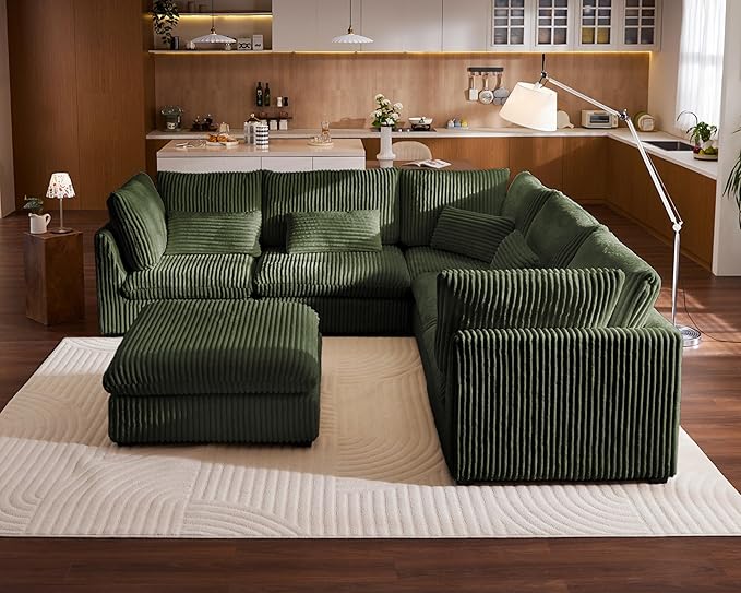 Oversized Modular Sofa, Extra Deep Cloud Corduroy Sectional Couch with Ottoman Chaise, Fluffy Chenille Corner V Shape Sofa for Living Room, Villa (Corner V Shape+Ottoman, Corduroy Green)