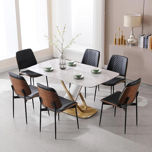 BV Dining Chairs Set of 6, PU Leather Armless Kitchen Chair in Modern Walnut Style, Mid Century Bentwood Side Chair with Metal Legs, Retro Accent Guest Chair for Kitchen Dining Room(Black)