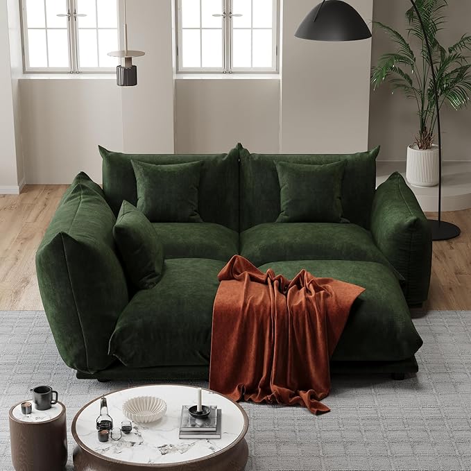 Modern Minimalist Chenille Modular Sectional Sofa, Deep-Seat 3-Seater L-Shaped Couch with Movable Ottoman and Thick Cushions, Upholstered Sofa for Living Room, Bedroom, Office, Apartment(Green L Sofa)