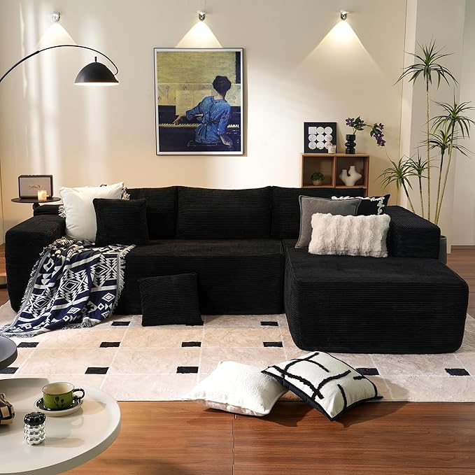 ovios 104" Cloud Sectional Couch with L-Shape Chaise,Modern Modular Sofa with Deep Seat, Upholstered Couches for Living Room Bedroom,No Assembly Required, Black (Corduroy Fabric)