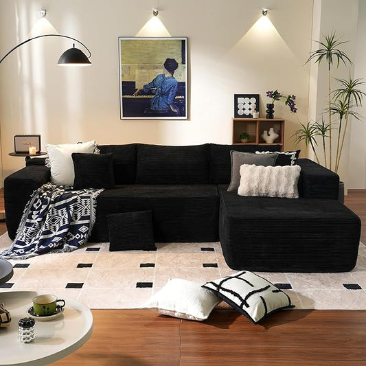 ovios 104" Cloud Sectional Couch with L-Shape Chaise,Modern Modular Sofa with Deep Seat, Upholstered Couches for Living Room Bedroom,No Assembly Required, Black (Corduroy Fabric)