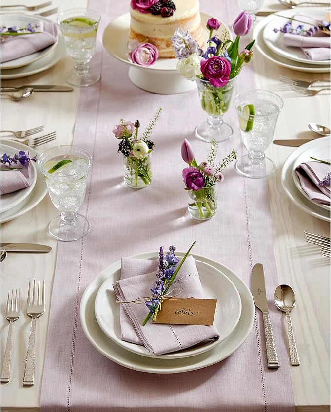 Solino Home Linen Lilac Table Runner 72 Inches Long - 100% Pure Linen Hemstitch Table Runner 14 x 72 Inch for Dresser, Dining - Classic Hemstitch