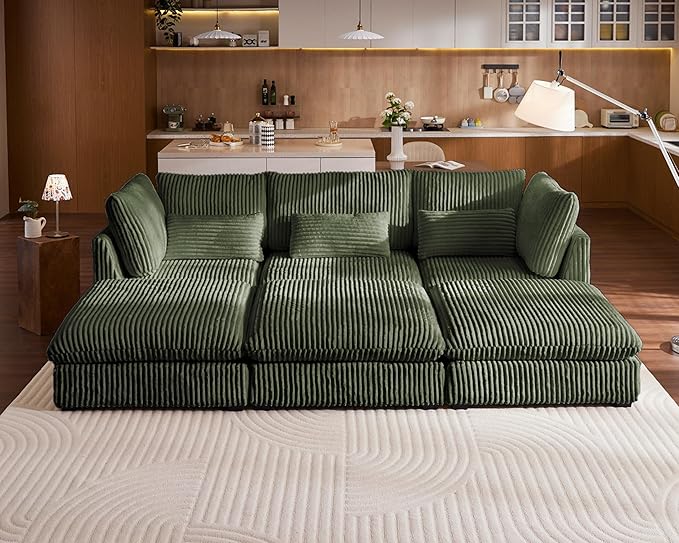 Oversized Modular Sofa, Extra Deep Cloud Corduroy Sectional Couch with Ottoman Chaise, Fluffy Chenille 6 Seater Couch Bed for Living Room, Villa (Sofa Bed 6 Seater, Corduroy Green)