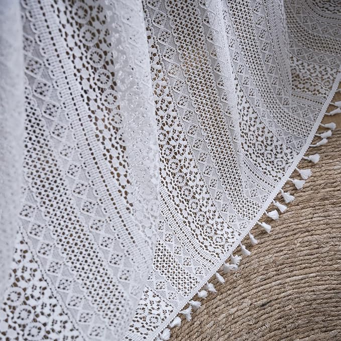 Sutuo Home White Crochet Boho Curtains 63 Inches Length, Sheer Lace Handmade Tassels Knitted Window Treatment Vintage Rustic Bohemian Farmhouse Drape for Bedroom Rod Pocket 1 Panel 59" W x 63" L
