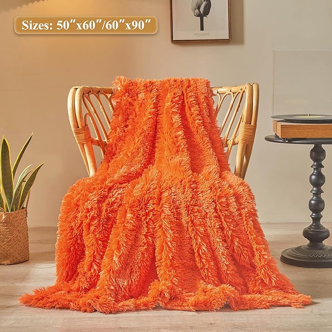 XeGe Luxury Faux Fur Throw, Orange Soft 50x60 Fluffy Blanket, Shaggy Plush Decorative Couch Throw, Cute Furry Bed Throw Fuzzy Office Lap Blanket for Bedroom Living Room Sofa, Orange