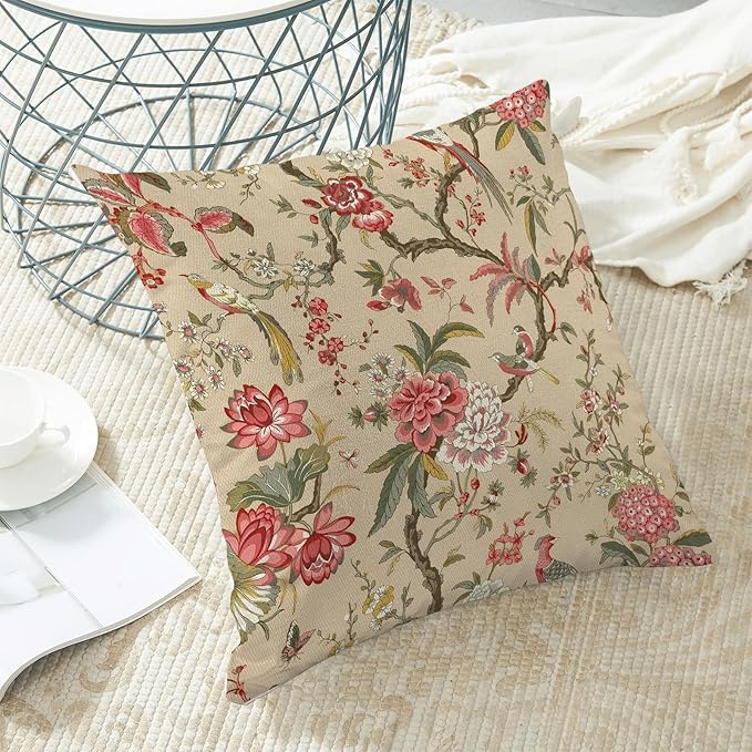 CXMEIFLY Spring Floral Birds Pillow Covers 18 x 18 Inch Set of 2 for Chinoiserie Flowers Decor Throw Pillows Pink Red Plant Outdoor Decorative Cushion Cases for Couch Bed Decorations