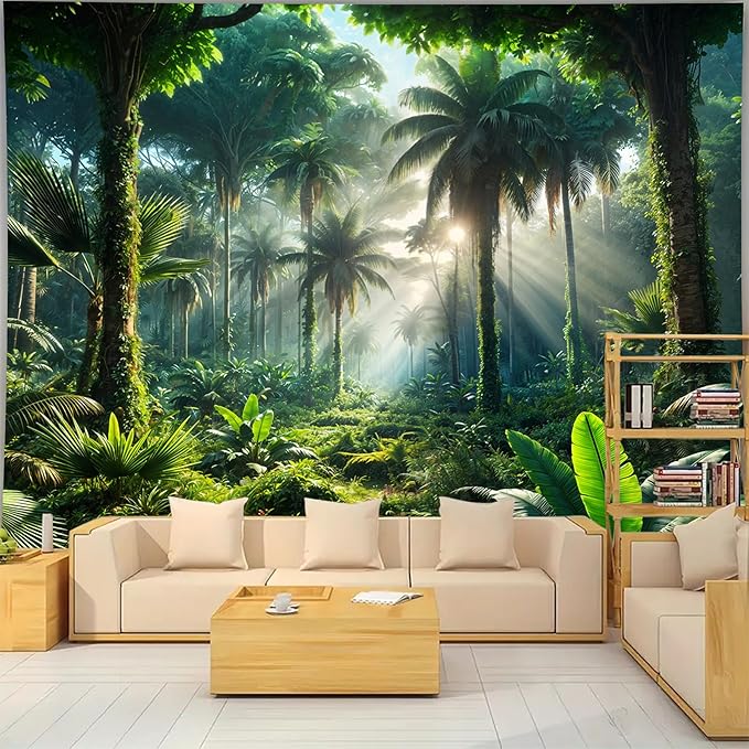 BSFHH Nature Tapestry Forest Tree Sea Cave Wall Hanging, Stream Through Rainforest Landscape Wall Art Tapestry for Bedroom Living room (Rainforest, 79"×59", Unframed)
