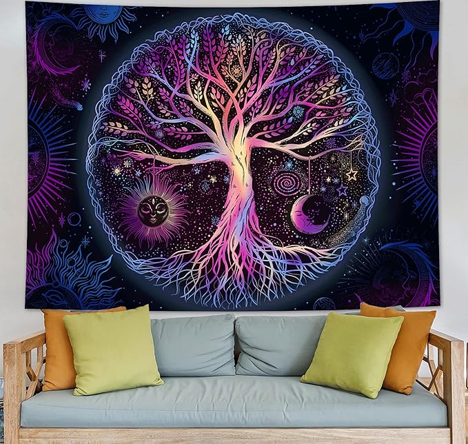 FORATER Tree of Life Tapestry Wall Hanging Colorful Life Tree Tapestries Aesthetic Sun and Moon Galaxy Wall Tapestry for Bedroom Living Room Dorm(36 x 48 Inch, Multicolor)