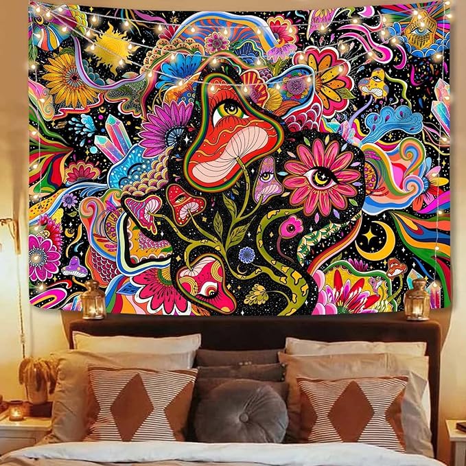 Lunerfex Mushroom Tapestry Pink Flowers Tapestry for Bedroom Aesthetic Tapestries Cute Floral Tapestries Wall Hanging for Bedroom and Living Room Decor Pink Flowers 70×90 Inches