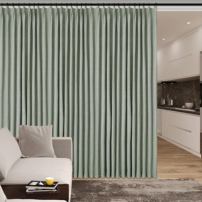 Full Blackout Privacy Curtains, 240 Inch Extra Wide Linen Blend Drapes, Pinch Pleat Window Drapery for Room Divider Storage/Space Room Separation, 1 Panel, W 240" x L 96", Fog Green