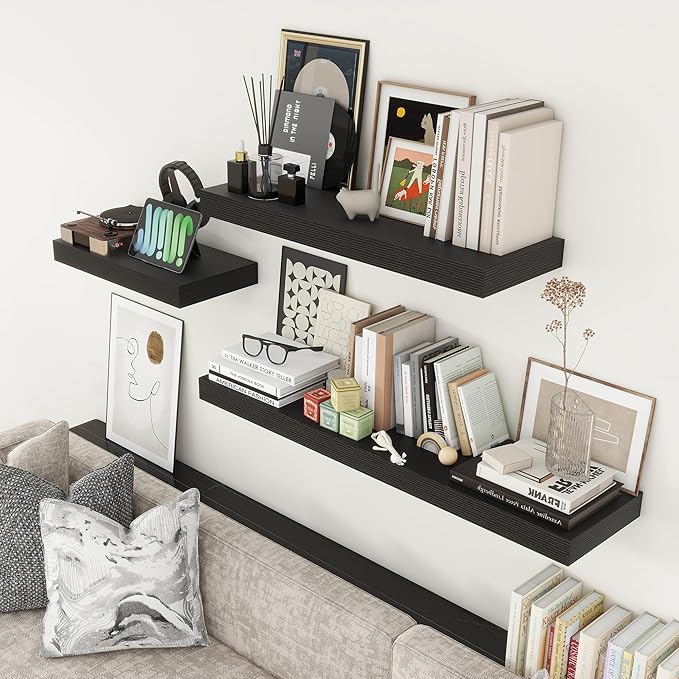 Deep Floating Shelves for Wall, 24W x 12D Black Floating Shelves Set of 2, 12'' Deep Large Wood Shelves for Living Room Bathroom Laundry Room Bedroom Kitchen Home Office - Black