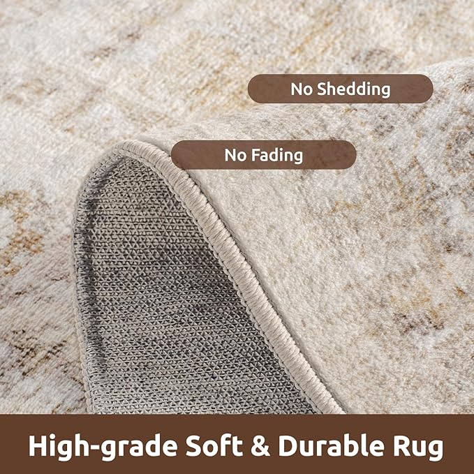AMOAMI-6FT Round Rug-Rugs for Living Room-Vintage Soft Beige Rugs for Bedroom-Non Slip Circle Rug-Machine Washable Rug for Dining Room Living Room Bedroom Office Under Table