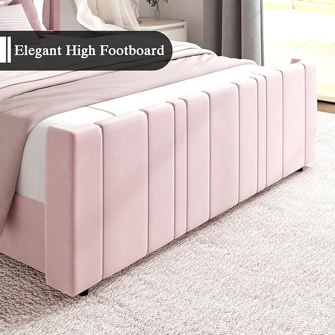 HOMBCK Pink Full Size Bed Frame Upholstered Bed with Velvet Tufted Headboard & Footboard, Mattress Foundation/Wooden Slats/Noise Free/No Box Spring Needed/Easy Assembly