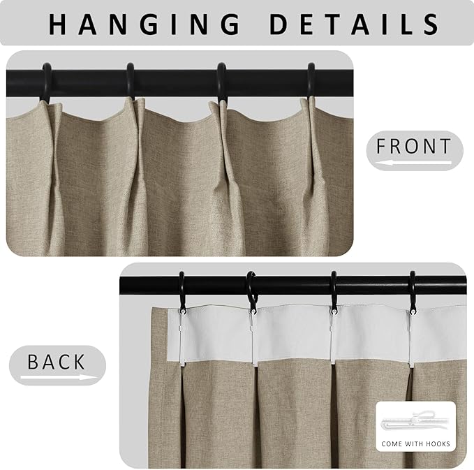 Macochico 100”Wx102”L 100% Blackout Pinch Pleated Linen Curtains for Sliding Door Bedroom Living Room Farmhouse Thermal Insulated Light Khaki Burlap Drapes with Tieback 1 Panel Shabby Chic Style
