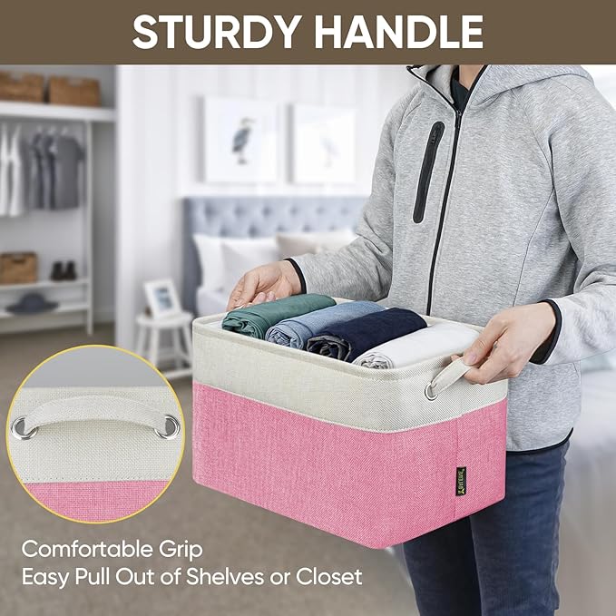 BALEINE 4 Pack Fabric Storage Bins for Shelves, Linen Storage Baskets for Organizing, Decorative Closet Bins for Clothes, Home (Pink, 15''x11''x9.5'')