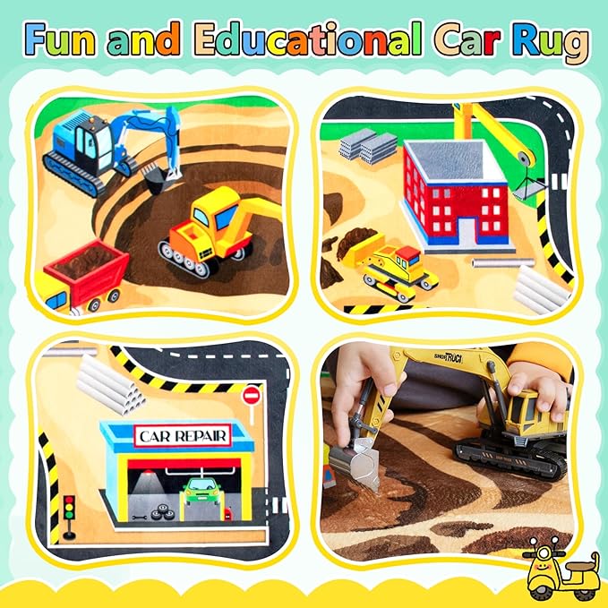 Kids 5x7 Ft Construction Site Play Rug, Baby Play Mat, Tufted Wool & Rubber, Non-Slip, Stain & Fade Resistant, Machine Washable, Rustic Cartoon Construction Site Pattern