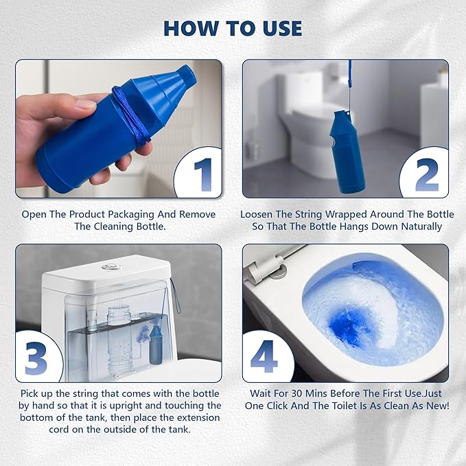 Toilet Bowl Cleaner Bottle, Automatic Toilet Bowl Cleaner Tablets in Bottle, Easy to Use, Long-Lasting Effect Toilet Cleaners Drop in Tank, Blue, 4 Bottles